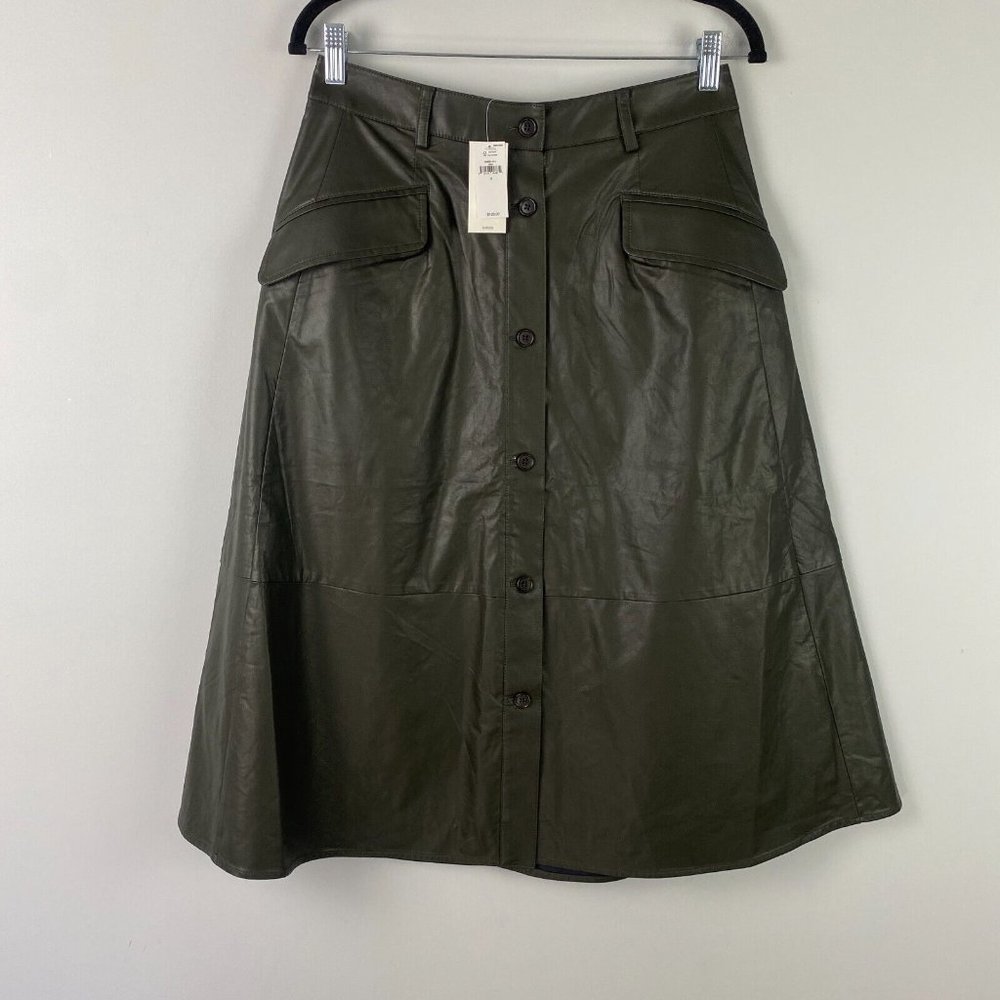 Banana Republic Vegan Leather Midi Skirt Size 4 Button Front Green Pockets